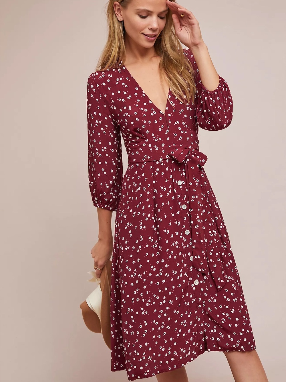 Faithfull Betina Floral Midi Dress - Burgundy - Size 8/ L NWT